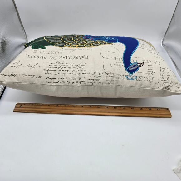 Vintage Appliqué Peacock Embroidered Throw Pillow French Script Blue Green White - Picture 6 of 8